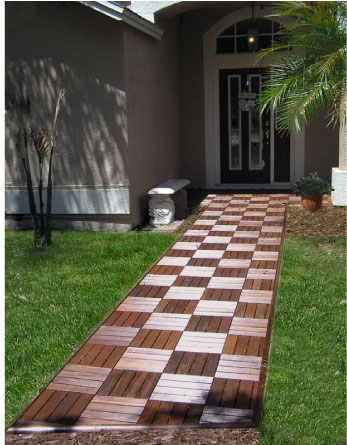 Our patio tiles create an inviting entryway for this home.  The checkerboard pattern is a natural effect of the snap together design and grooves of our tiles.